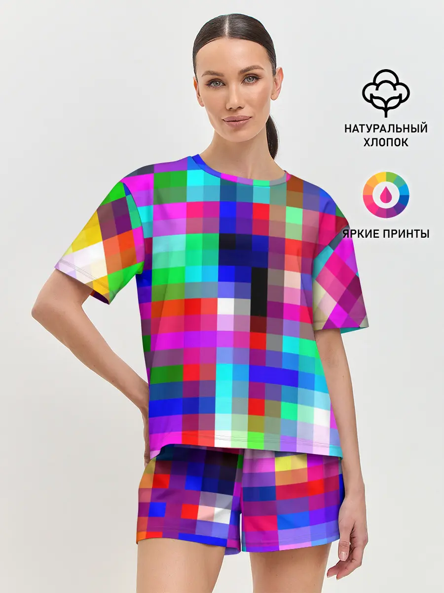 Женская пижама с шортами / РАЗНОЦВЕТНЫЕ ПИКСЕЛИ / КУБЫ