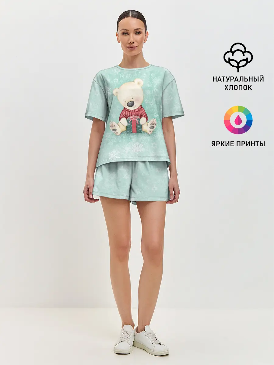 Женская пижама с шортами / Медвежонок с подарком