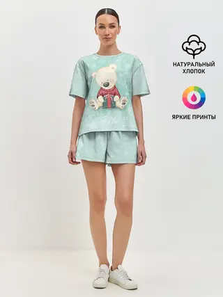 Женская пижама с шортами / Медвежонок с подарком