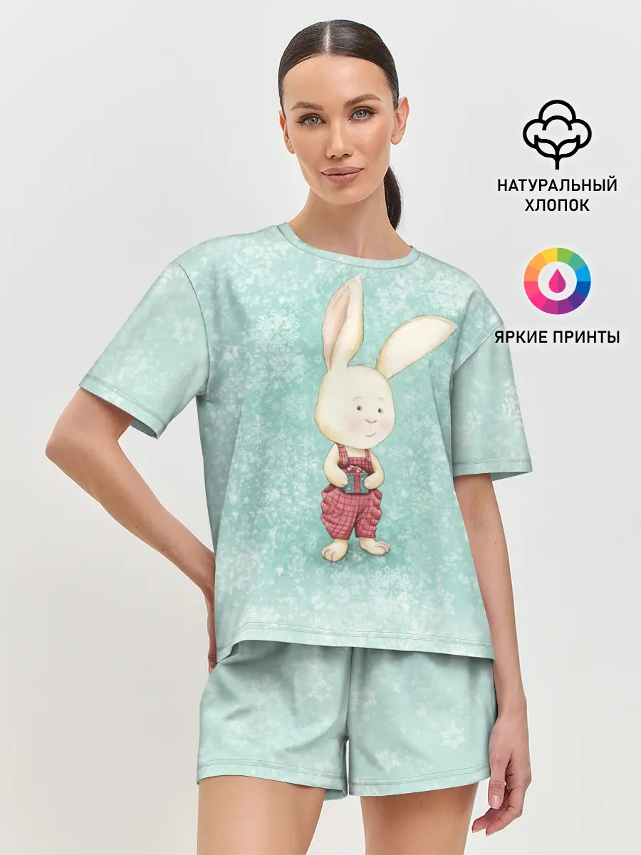 Женская пижама с шортами / Зайчик с подарком