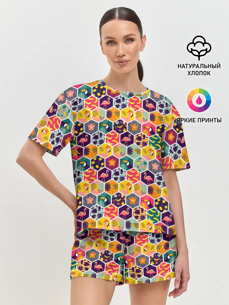 Женская пижама с шортами / Тропический коллаж