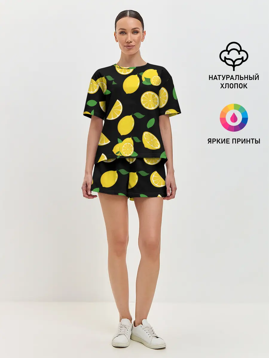 Женская пижама с шортами / Лимоны на чёрном