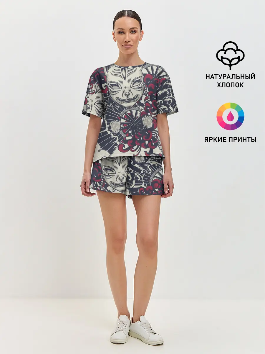 Женская пижама с шортами / Маска Кицунэ | Маска лисы