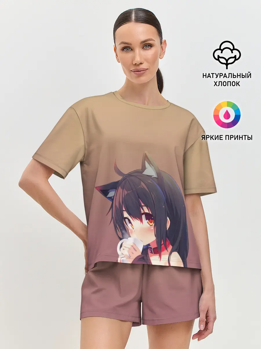 Женская пижама с шортами / девочка ушки кофе