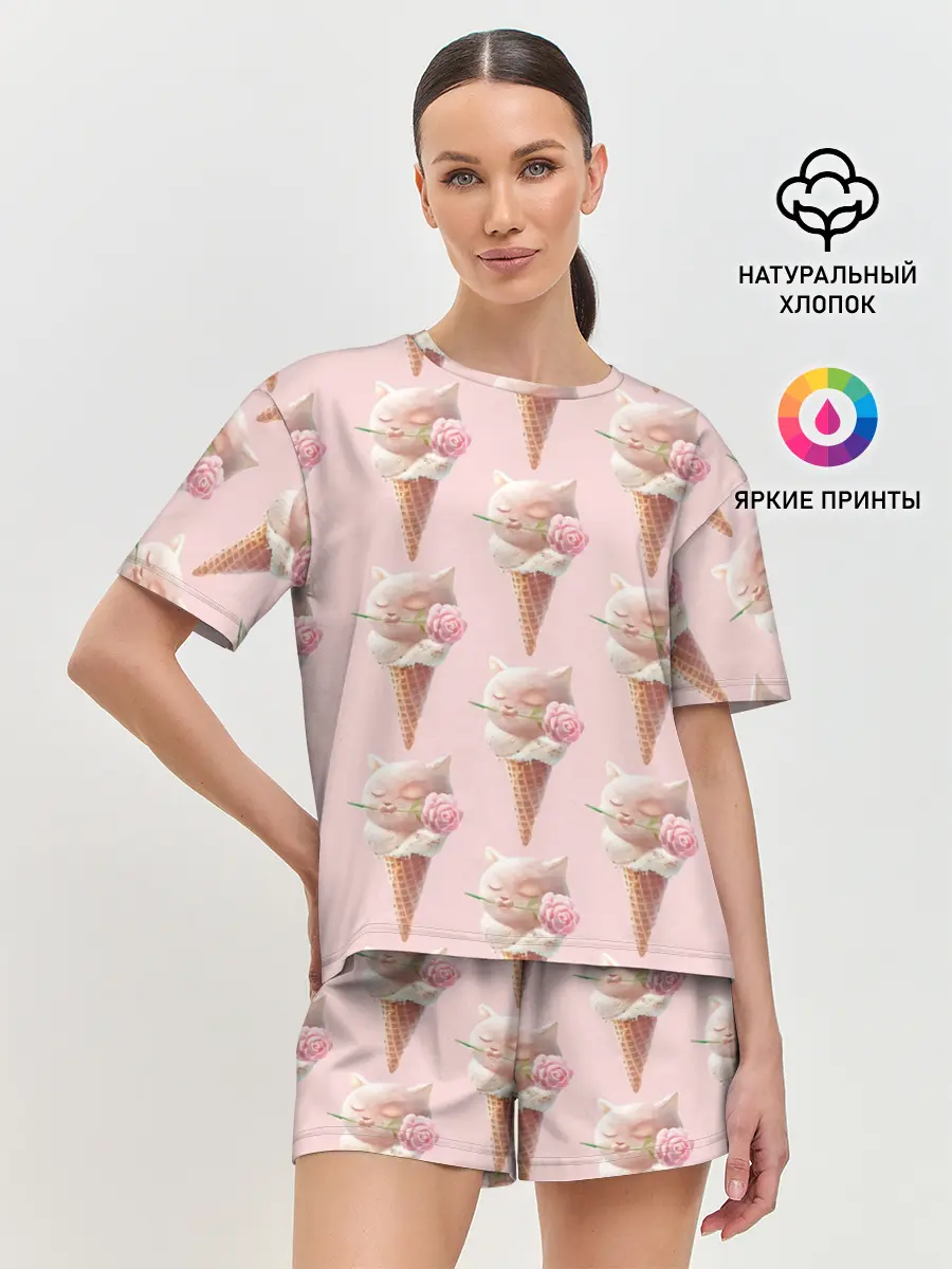 Женская пижама с шортами / Мороженное | Кошечки