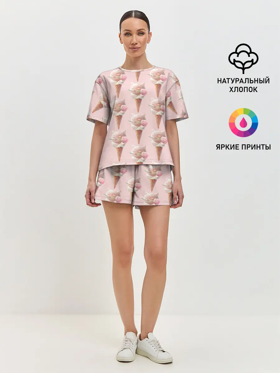 Женская пижама с шортами / Мороженное | Кошечки