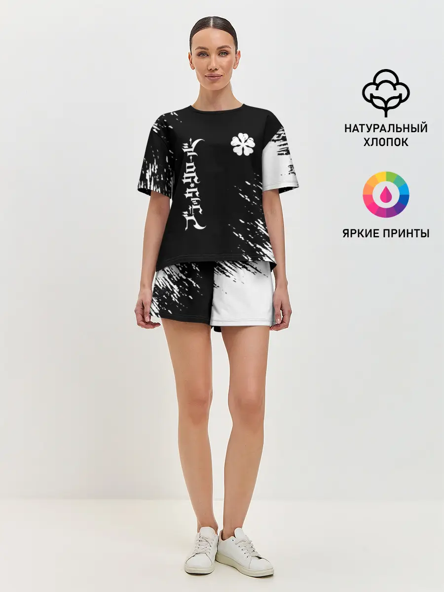 Женская пижама с шортами / Белый логотип Черный клевер на черном