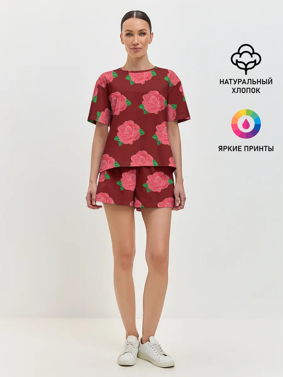 Женская пижама с шортами / Розы на красном