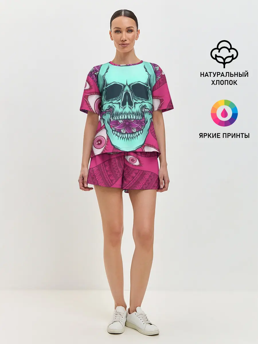 Женская пижама с шортами / Череп в цветах