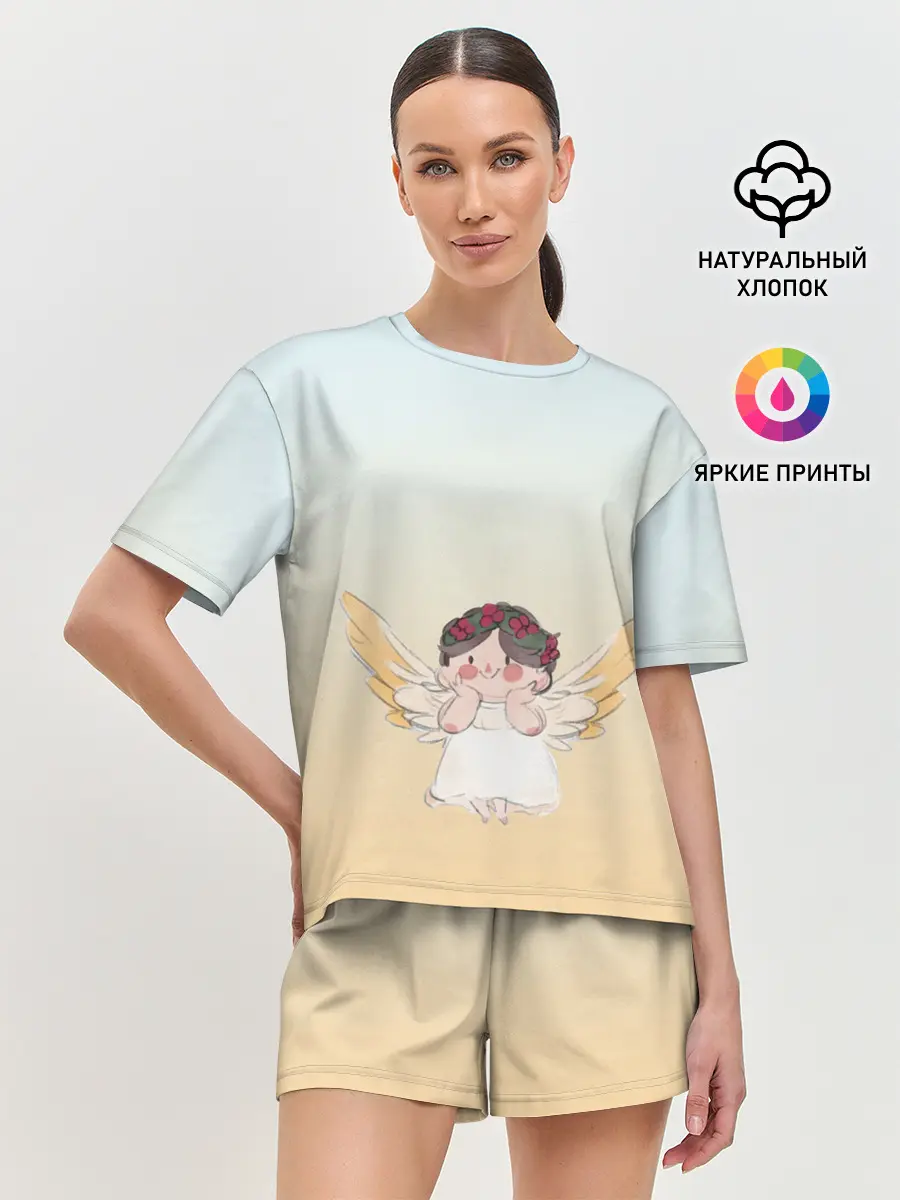 Женская пижама с шортами / акварельный ангелок