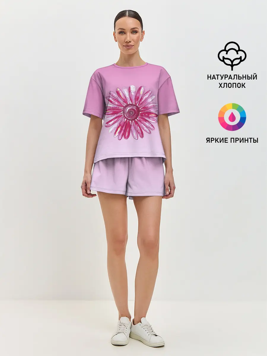 Женская пижама с шортами / розовая ромашка