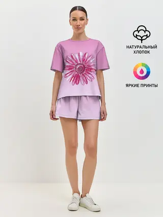 Женская пижама с шортами / розовая ромашка