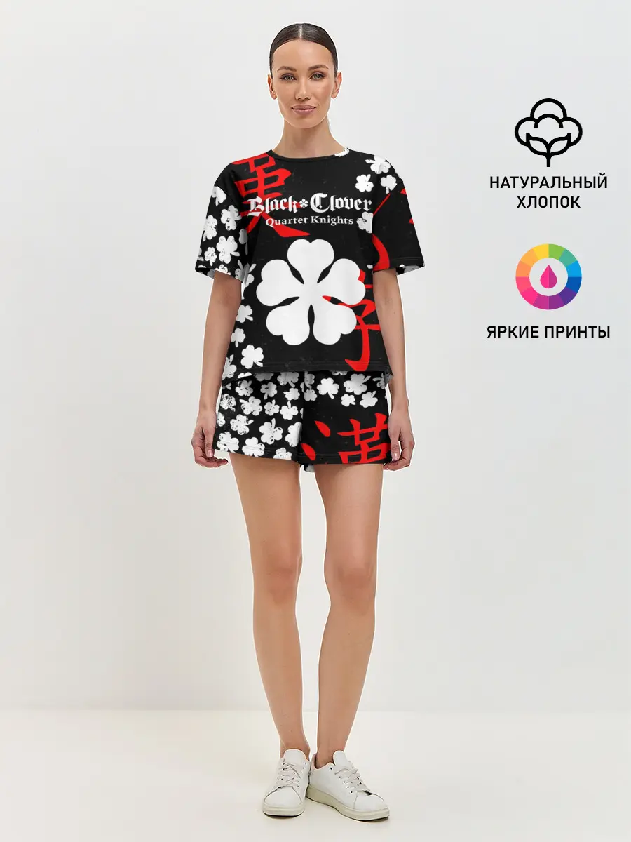 Женская пижама с шортами / Логотип черный клевер и маленькие листья