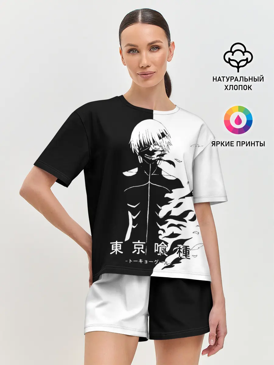 Женская пижама с шортами / Токийский гуль черно белый Кен