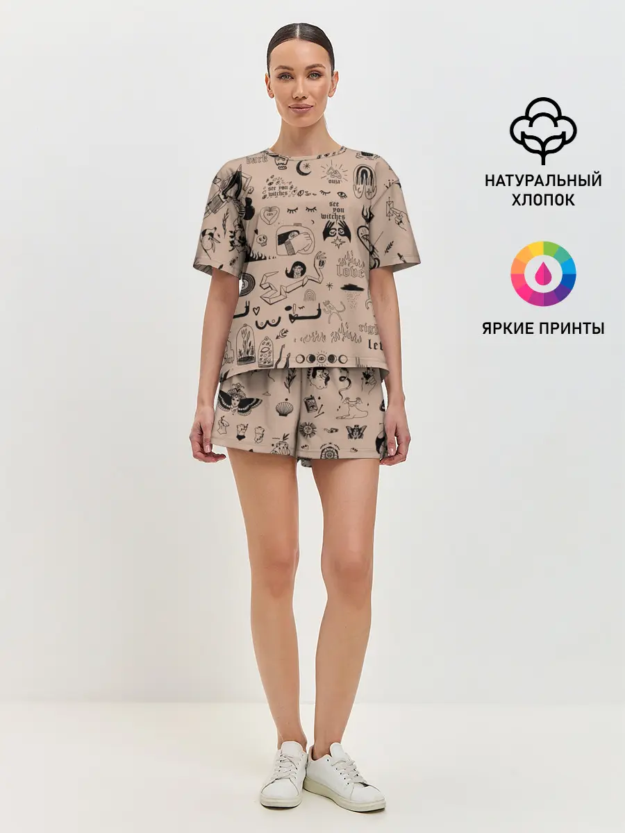 Женская пижама с шортами / принт в стиле тату