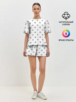 Женская пижама с шортами / Черно-белый узор в горошек.