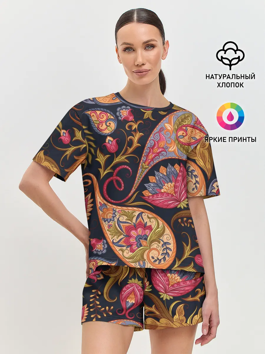 Женская пижама с шортами / РОСПИСЬ ЦВЕТАМИ