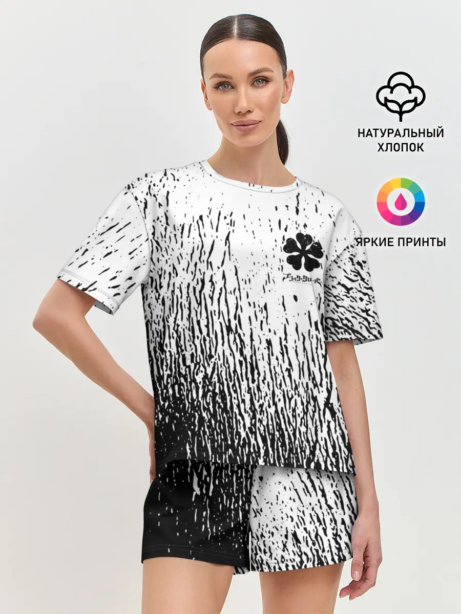Женская пижама с шортами / Черный клевер на едко белом фоне