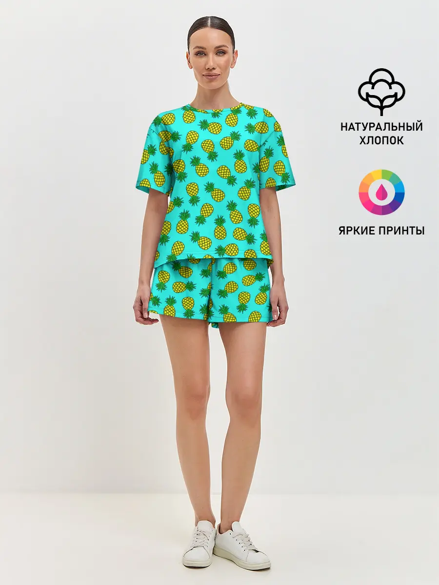 Женская пижама с шортами / Ананасы аква