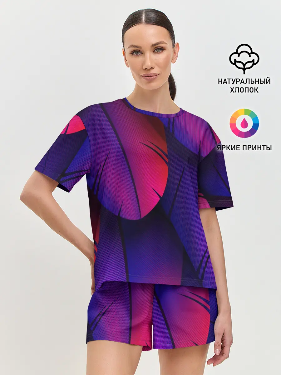 Женская пижама с шортами / Фиолетовые Перья