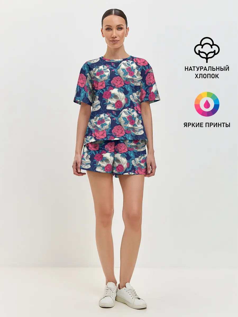Женская пижама с шортами / Реалистичные черепа с розами