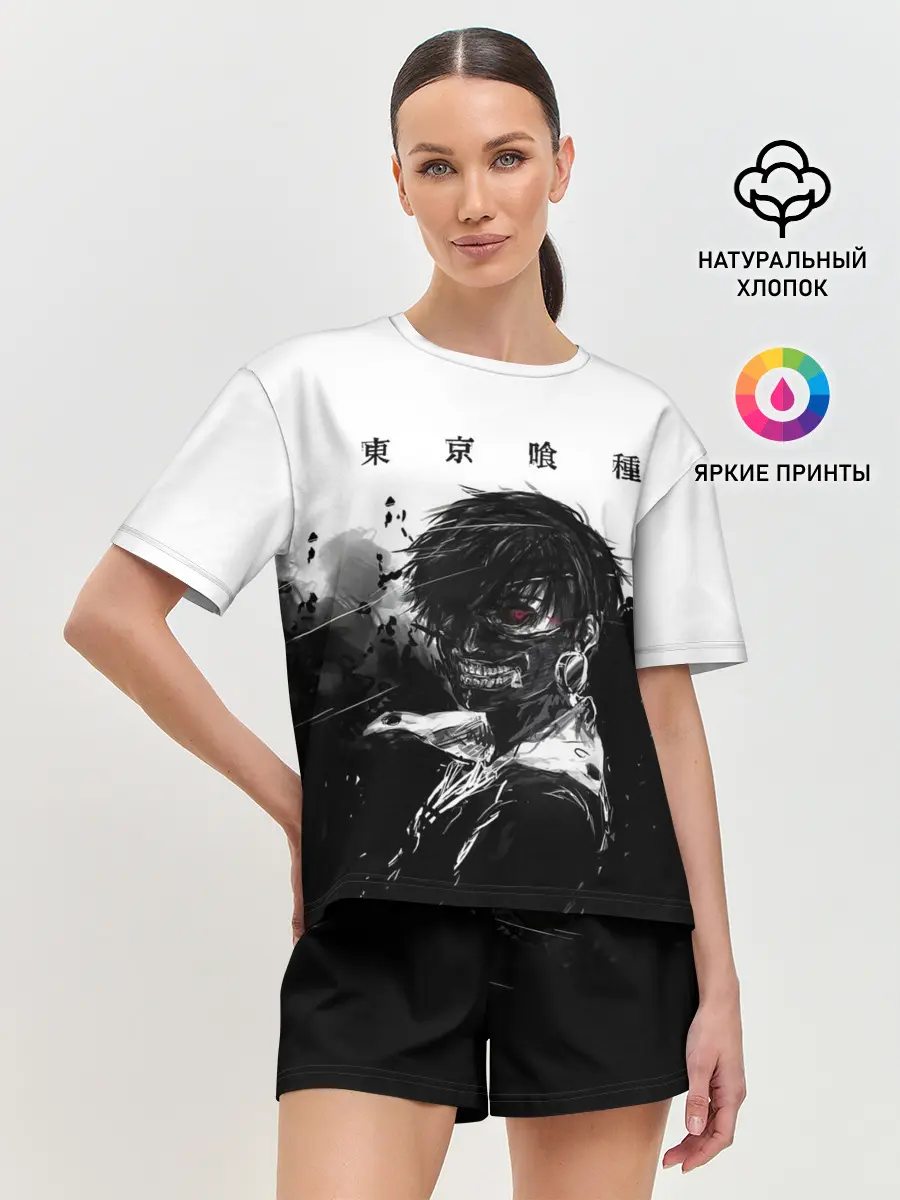 Женская пижама с шортами / Канеки Кен черно-белый