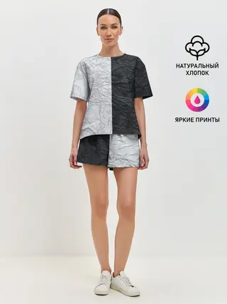 Женская пижама с шортами / Мятая Черно-Белая Бумага