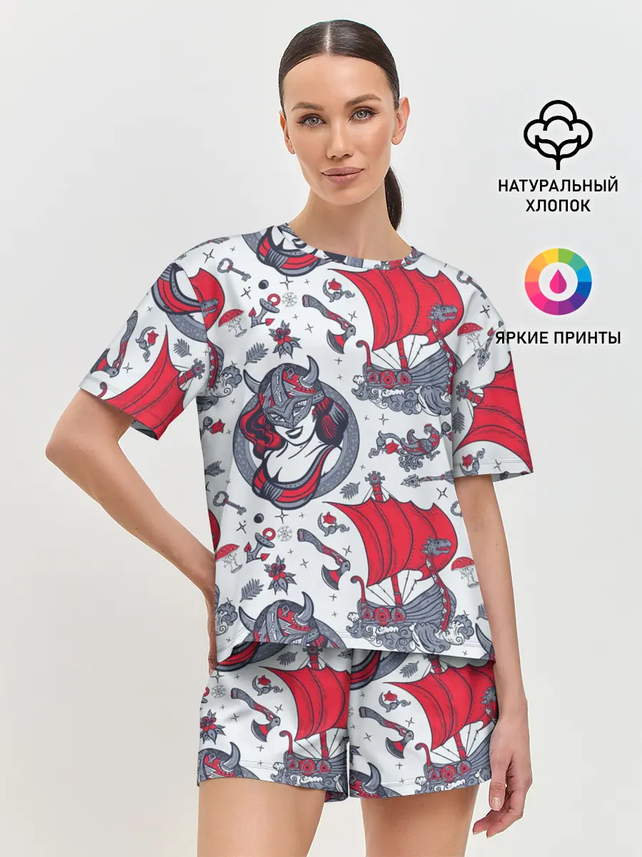 Женская пижама с шортами / Корабли и девушка викинг