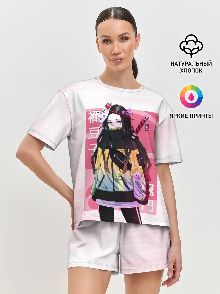 Женская пижама с шортами / Kimetsu no yaiba розовое