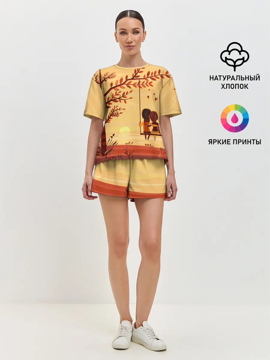 Женская пижама с шортами / Романтика. Пара на качелях