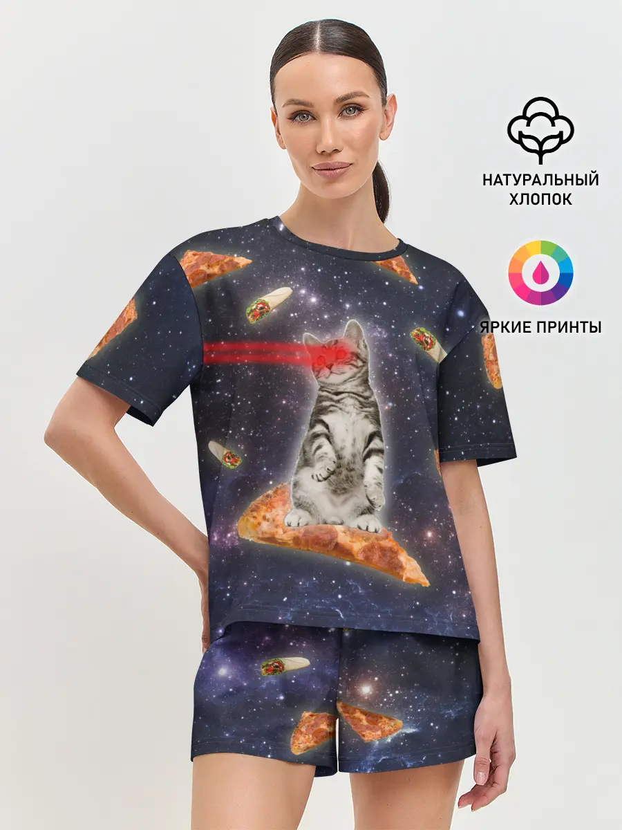 Женская пижама с шортами / Котик в космосе