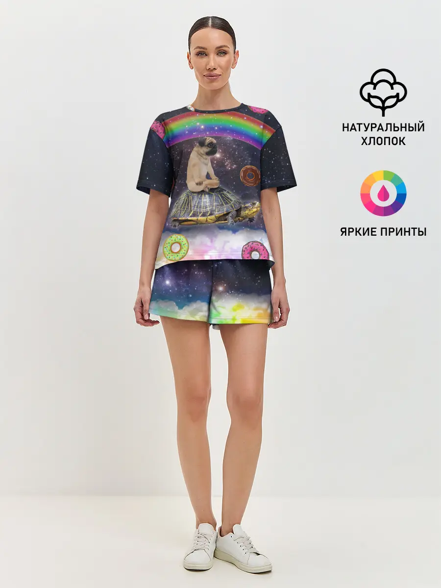 Женская пижама с шортами / Мопс на черепахе в космосе