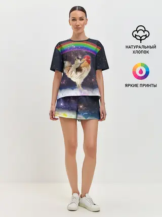 Женская пижама с шортами / Мопс на курице в космосе