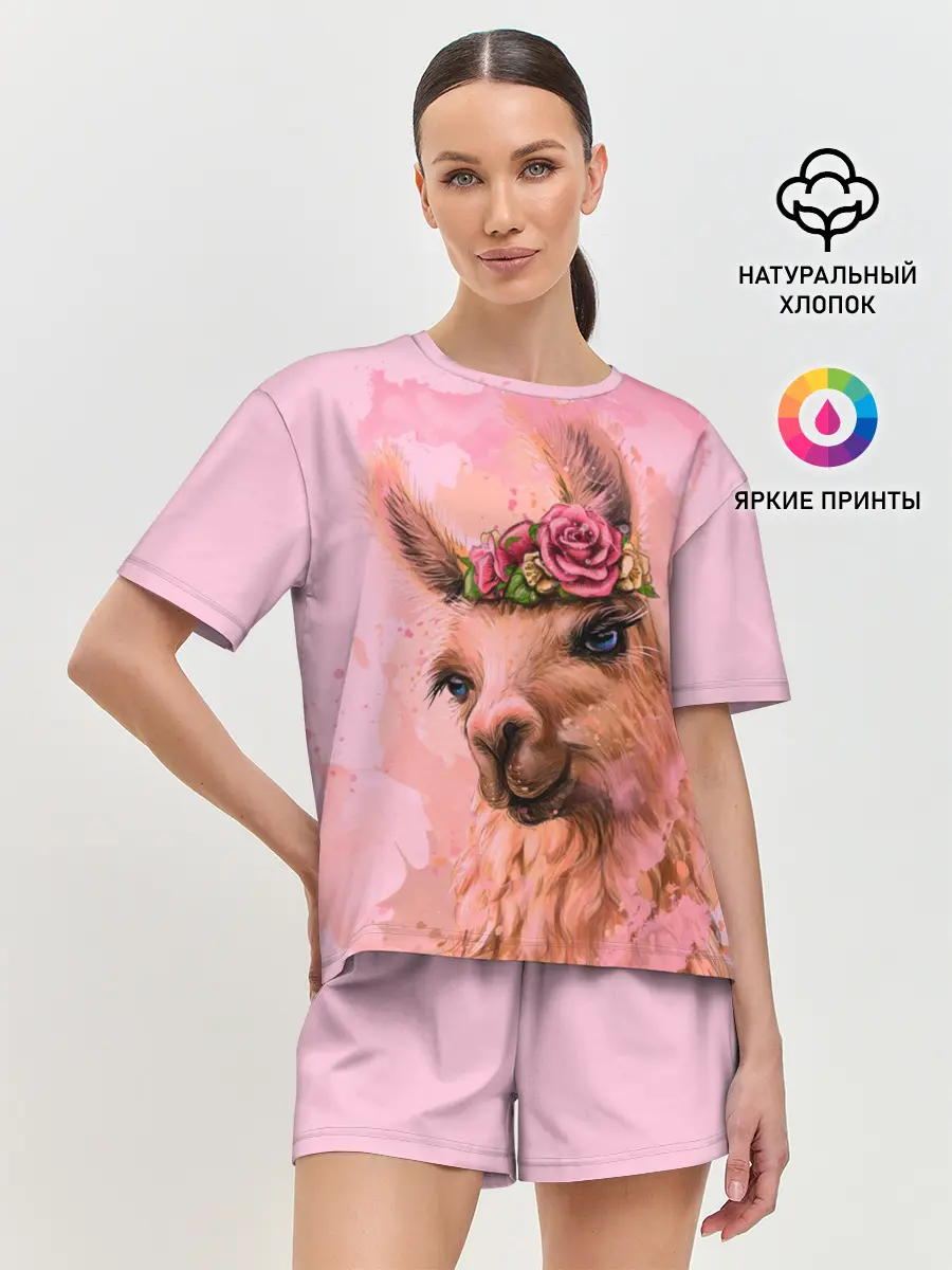 Женская пижама с шортами / лама с цветами