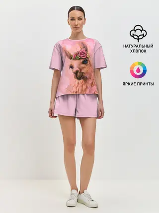 Женская пижама с шортами / лама с цветами