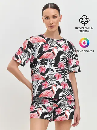Женская пижама с шортами / фламинго и попугаи