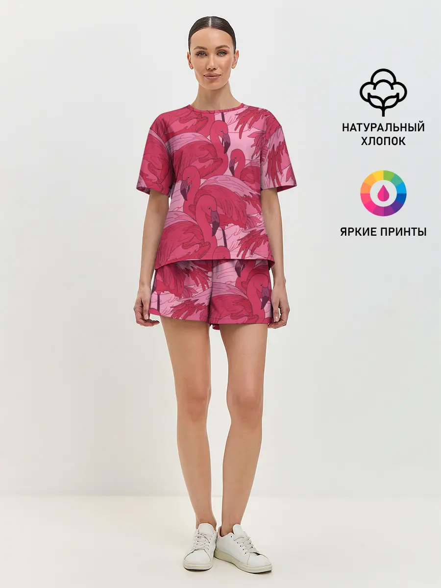Женская пижама с шортами / розовые фламинго