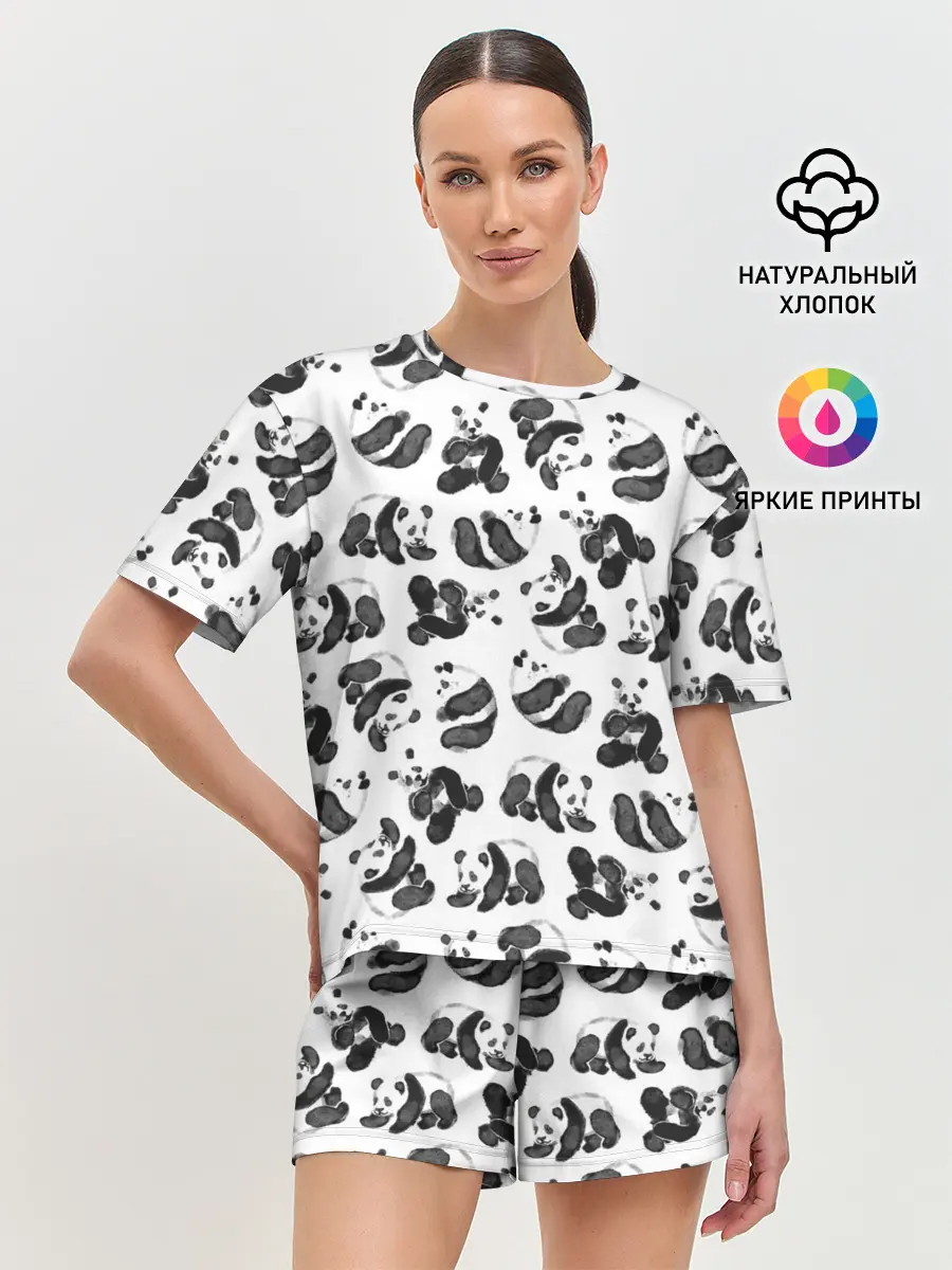 Женская пижама с шортами / Акварельные панды паттерн