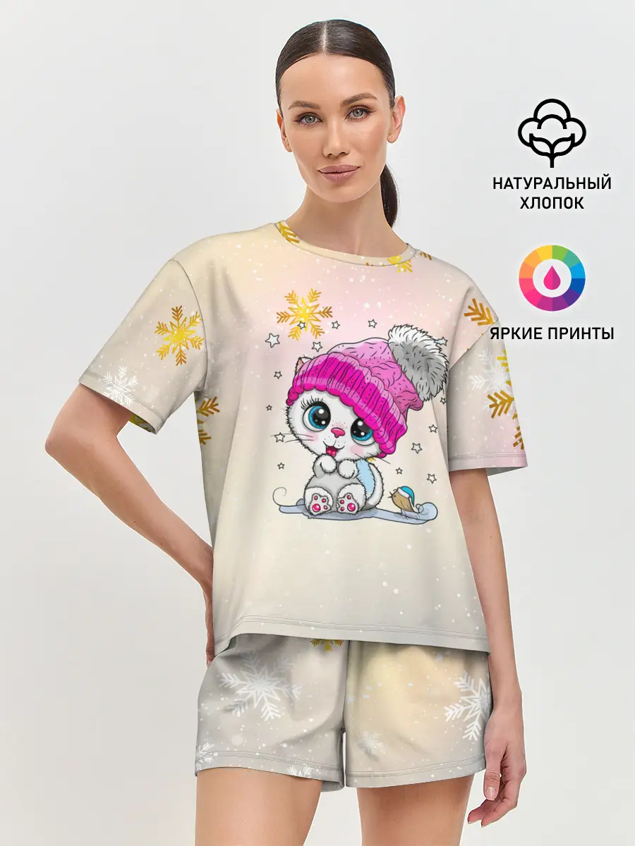 Женская пижама с шортами / Новогодний кот