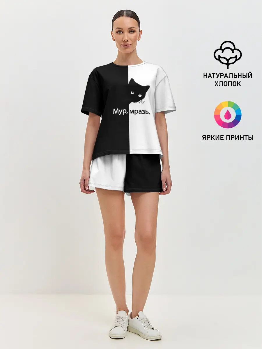 Женская пижама с шортами / Черный кот