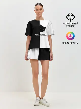 Женская пижама с шортами / Черный кот