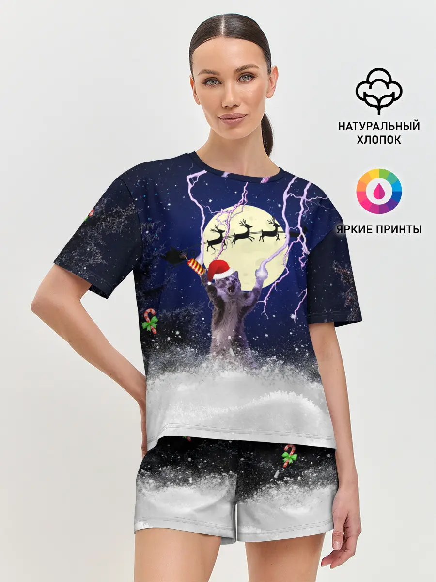 Женская пижама с шортами / Новогодний Кот