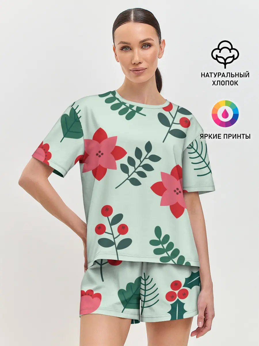 Женская пижама с шортами / цветы, ягоды, листья