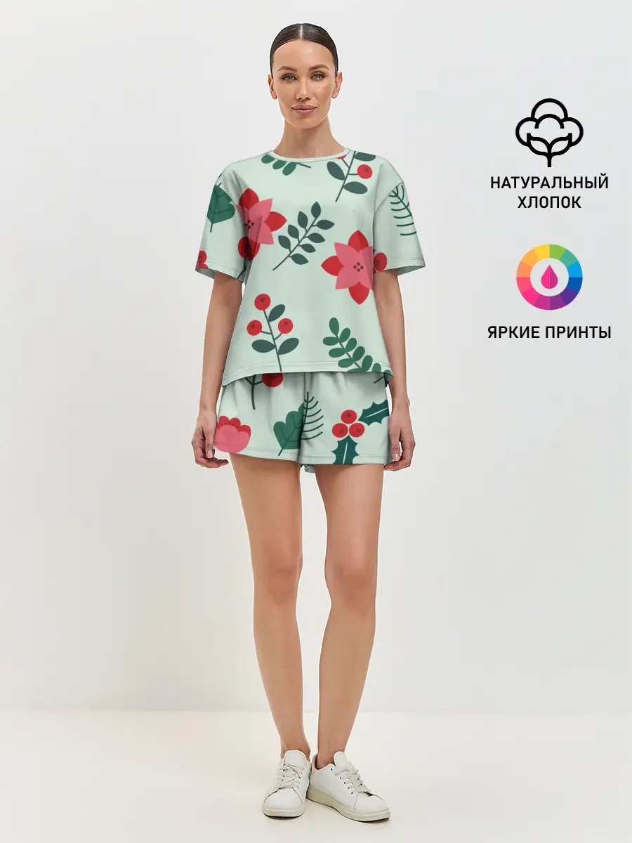 Женская пижама с шортами / цветы, ягоды, листья