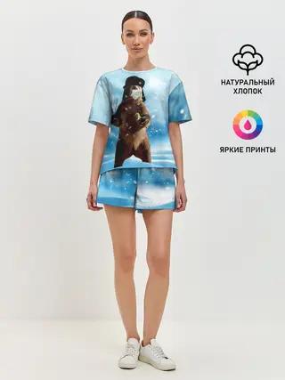 Женская пижама с шортами / Зимний мишка в реалиях 2020 г.