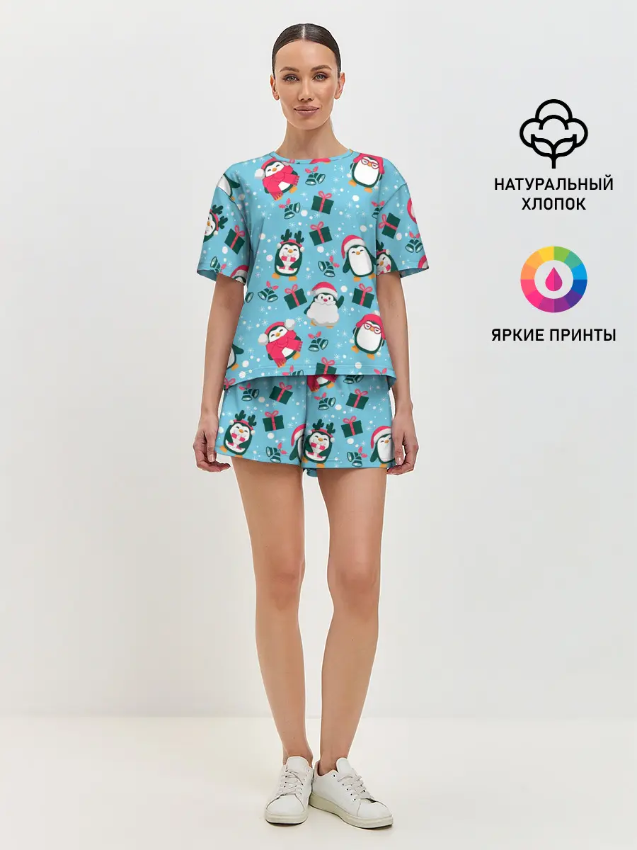 Женская пижама с шортами / Новогодние Пингвины