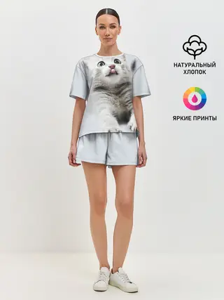 Женская пижама с шортами / серый котенок