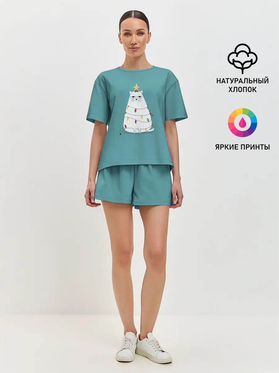 Женская пижама с шортами / Кото-ёлка