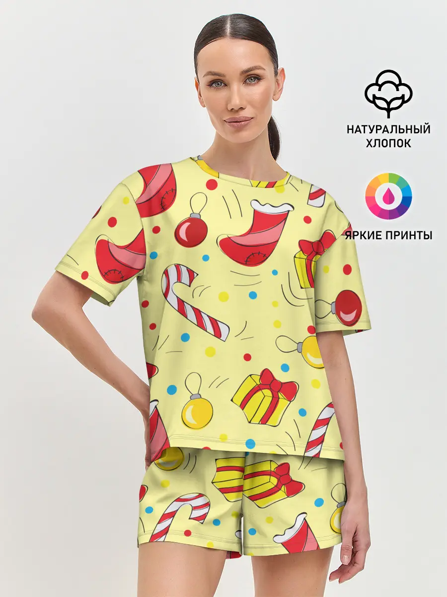 Женская пижама с шортами / Новогодний узор на желтом фоне