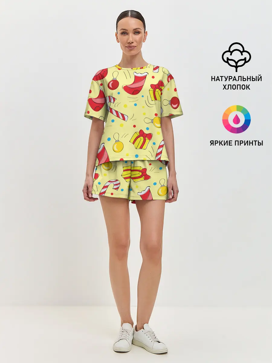 Женская пижама с шортами / Новогодний узор на желтом фоне
